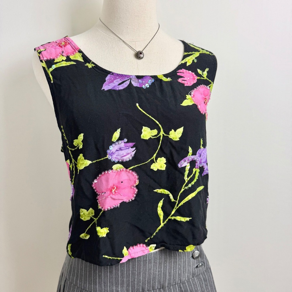 Key Lime Pie Womens M Black Floral Beaded Tank Top Y2K 90s Sleeveless Crop - Picture 2 of 9